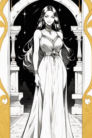 (best quality), (masterpiece), detailed, 1girl, long dress, long hair, jewelry, looking at viewer, palace scenery, golden eyes, tarot art, smirk, monochrome, sketch, greyscale, fantasy