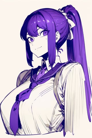 (masterpiece, best quality, ultra-detailed, 8K), 1girl, large breasts, looking at viewer, horror theme, creepy smile, alley background, fashion pose, schoolgirl uniform, large breasts, long_ponytail, (sketch style, monochrome, purplescale:1.4)