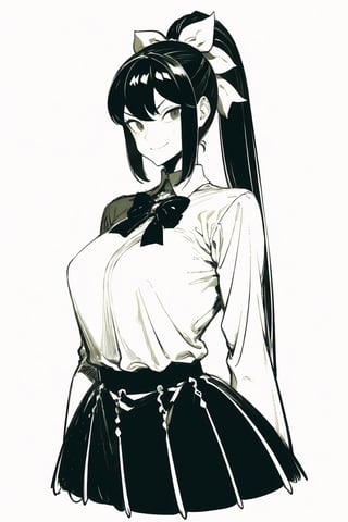 (masterpiece, best quality, ultra-detailed, 8K), 1girl, large breasts, looking at viewer, horror theme, creepy smile, alley background, fashion pose, BROWN EYES, BROWN HAIR, HAIR RIBBON, HIGH PONYTAIL, WHITE SHIRT, GREEN SKIRT, BLACK THIGH-HIGHS, (sketch style, monochrome, greyscale)