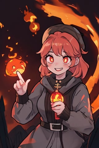 a cute and cheerful female Welsh 13th-century grave digger during the black plague with short strawberry blonde hair and ponytails and glowing ember eyes casting ghostly fire magic with an old magical miners lamp, in a haunted mountain town. kawaii, plague doctor