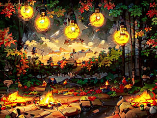 1930s (style), a girl roasting marshmallows over a campfire looking up at a stary night surrounded by maple trees, Sketch, autumn_leaves, star_(sky),Lofi,LOFI,cassdawnlvl1,day,EpicArt