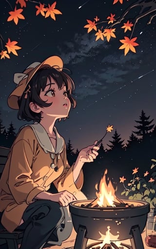 1930s (style), a loli girl roasting marshmallows over a campfire looking up at a stary night surrounded by maple trees, Sketch, autumn_leaves, star_(sky),Lofi,LOFI,cassdawnlvl1,day,EpicArt