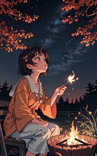 1930s (style), a loli girl roasting marshmallows over a campfire looking up at a stary night surrounded by maple trees, Sketch, autumn_leaves, star_(sky),Lofi,LOFI,cassdawnlvl1,day,EpicArt