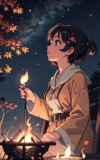 1930s (style), a loli girl roasting marshmallows over a campfire looking up at a stary night surrounded by maple trees, Sketch, autumn_leaves, star_(sky),Lofi,LOFI,cassdawnlvl1,day,EpicArt