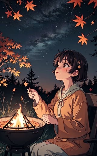 1930s (style), a loli girl roasting marshmallows over a campfire looking up at a stary night surrounded by maple trees, Sketch, autumn_leaves, star_(sky),Lofi,LOFI,cassdawnlvl1,day,EpicArt