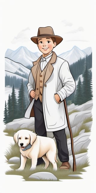 Black and white outline art for kids coloring book. Black and white outline art for kids' coloring book, a young shy crippled young man wearing newsboy cap, limping using a long heavily walking stick, a men's lounge jacket embroidered with Sami symbolism, bohemian vest, and Ascot, worn-out pants hiding his left leg brace, walking a cuddly white golden retriever pup, surrounded by a haunted 1920s Oregon mountain town, nestled in the cliffs, color for children pure white line style white background whole body sketch whole body (((((white background)) )) ), outline only, cartoon style, line art, coloring book, clean line drawing, white background, sketch,greg rutkowski,Leonardo Style,Movie Still