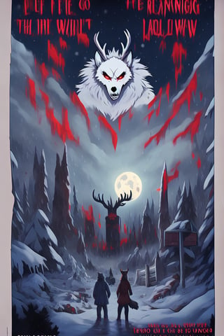 Create a captivating and whimsical 1950s movie poster for a 1920s juvenile horror/humor novel titled "The Howl of the Wendigo," part of the series "The Wolves of Blood Creek" by J.R. Ghostwood.

Key Elements:

Setting: A snowy landscape with a hint of eerie moonlight, conveying the chilling winter atmosphere.

Characters: Include the main characters, Sagie, Lavie, and Birdie, standing united against the backdrop of the menacing Wendigo's eyes in the storm.

Wolves: Showcase the Blood Creek wolves, emphasizing their pack dynamic and unique personalities.

Humor and Horror: Infuse a balance of humor and horror elements to reflect the book's dual genre, perhaps through the expressions and interactions of the characters.

Title and Series: Clearly highlight "The Howl of the Wendigo" as the title, and "The Wolves of Blood Creek" as the series, with the author's name, J.R. Ghostwood.

Feel free to play with color schemes, lighting effects, and visual elements that resonate with a juvenile horror/humor theme,manga