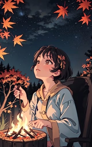 1930s (style), a loli girl roasting marshmallows over a campfire looking up at a stary night surrounded by maple trees, Sketch, autumn_leaves, star_(sky),Lofi,LOFI,cassdawnlvl1,day,EpicArt