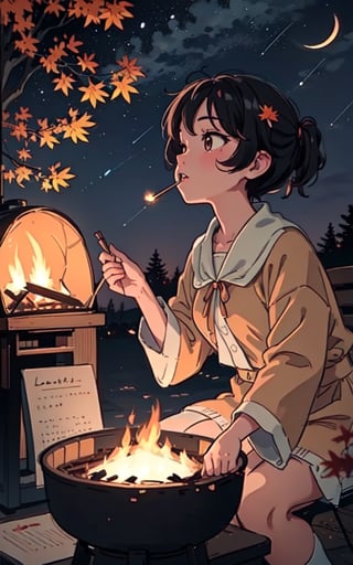 1930s (style), a loli girl roasting marshmallows over a campfire looking up at a stary night surrounded by maple trees, Sketch, autumn_leaves, star_(sky),Lofi,LOFI,cassdawnlvl1,day,EpicArt