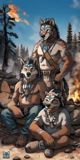 A pack of male and female wolves sitting around a fire in an abandoned mining town surrounded by evergreens, with native American markings, indian art, non-furry,ppcp