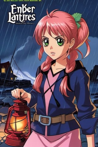 a book cover for a  1990s juvenile cartoon horror with letters that look like melted wax for "Grim Night, by J.R. Ghostwood" a young woman of 14 with short strawberry blonde hair tied up in messy ponytails and ember eyes armed with an Epee and miner's lanterns in cold barren island 1850s town at night during a terrible storm who is being hunted by Vampires, masterpiece, best quality,comic_book_cover, lycanthrope, amber_eyes, windy, raining, pink_hair,Extremely Realistic,3d style,sugar_rune
