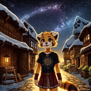 1930s (style), kawaii, a full-body portrait of an anthropomorphic male golden retriever with red panda fur markings fursuit, with glowing celestial constellation face tattoos wearing a bohemian-style outfit, with a mix of Yakut and Sami symbolism embroidered on his shirt, surrounded by the rustic beauty of a Welsh village, complex lighting and shadows