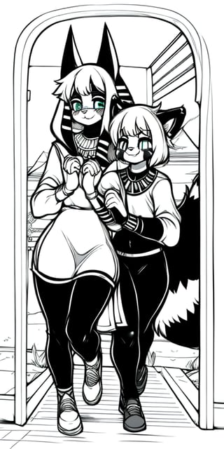 An injured happy female red_panda walking through in a Sami-Egyptian slum with her anubian_jackal boyfriend, line_art, Black_and_white, manga, 1_page, happy, boyfriend, hand_holding