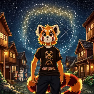 1930s (style), kawaii, a full-body portrait of an anthropomorphic male golden retriever with red panda fur markings fursuit, with glowing celestial constellation face tattoos wearing a bohemian-style outfit, with a mix of Yakut and Sami symbolism embroidered on his shirt, surrounded by the rustic beauty of a Welsh village, complex lighting and shadows