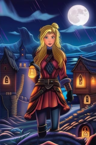 1990s book cover for a  juvenile cartoon horror with letters that look like melted wax for "Grim Night, by J.R. Ghostwood" a young woman of 14 with short strawberry blonde hair tied up in messy ponytails and ember eyes armed with an Epee and miner's lanterns in cold barren island 1850s town at night during a terrible storm who is being hunted by Vampires,fantasy00d,ppcp