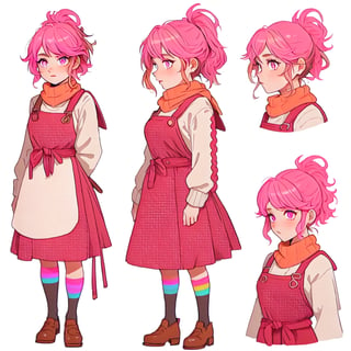 Emberlyn Coalhaven, a silly and sassy Welsh young girl of 16 with short copper-blonde hair with pink highlights, tied up in messy ponytail and ember eyes, cream and red hand-knitted wool sweater, leather apron, pink rainbow scarf, white background, character sheet, front view, side view, back view, full body
