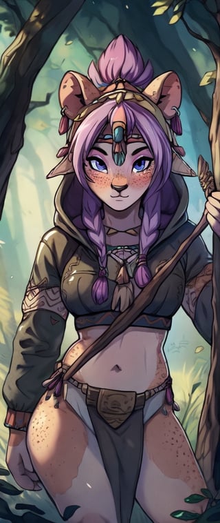 Furry,(masterpiece, best quality, ultra-detailed, 8K),(picture-perfect face, freckles, blush,(perfect female body, ), slim, native American shaman, hourglass body shape, goddess, charming,  alluring, seductive_pose, enchanting, makeup, fantasy, artic, lavender_hair, leather parka, sexy, loin_cloth, tribal, braids, bow and arrow, hunting