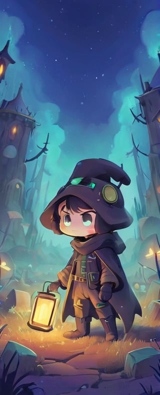 In a desolate world, a young grave digger boy roams the Bioluminescent tundra graveyard, his fur cloak and gas mask shielding him from the toxic air. With his magical miner's lantern and pick ax, he navigates the retro-future, hydro-punk landscape, reminiscent of a 1930s cartoon. But in this world, danger lurks around every corner. Will he find fortune or meet his doom on this treacherous journey?,gas mask,plague_doctor_mask ,Cybermask,3d style,chibi,sticker,kawaiitech