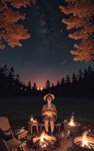 1930s (style), a loli girl roasting marshmallows over a campfire looking up at a stary night surrounded by maple trees, Sketch, autumn_leaves, star_(sky),Lofi,LOFI,cassdawnlvl1,day,EpicArt