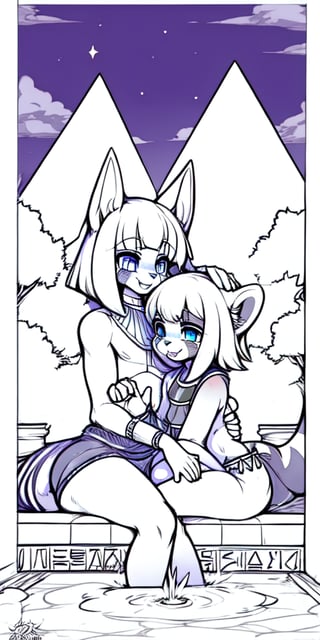 An injured happy female red_panda sitting in a Sami-Egyptian slum with her anubian_jackal boyfriend, line_art, Black_and_white, manga, 1_page, happy, boyfriend, hand_holding, hugging, ancient_egypt, egyptian loli (surio), loin_cloth, golden_jewelery, protected, sit, fountain, holding_knees, back_view