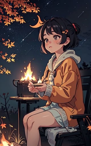 1930s (style), a loli girl roasting marshmallows over a campfire looking up at a stary night surrounded by maple trees, Sketch, autumn_leaves, star_(sky),Lofi,LOFI,cassdawnlvl1,day,EpicArt