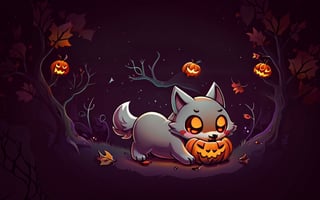 Comic_Strip, a cute scared wolf pup lost in a haunted forest, autumn_leaves, wolf, chibi, night, spooky,cute00d,Jack o 'Lantern,Cute_Ghost,xyzabcwalls