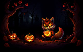 Comic_Strip, a cute scared wolf pup lost in a haunted forest, autumn_leaves, wolf, chibi, night, spooky,cute00d,Jack o 'Lantern