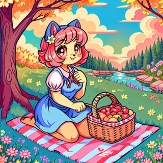 Solo_female,1930s (style), kawaii, outdoor, high_resolution, digital_art,|,a flowery field on a cool spring afternoon next to a brook| old blankets, bench, picnic, ruck_sack, basket, sack|,vectorstyle