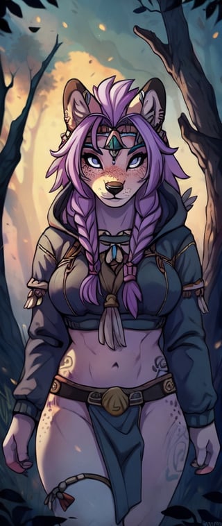 Furry,(masterpiece, best quality, ultra-detailed, 8K),(picture-perfect face, freckles, blush,(perfect female body, ), slim, native American shaman, hourglass body shape, goddess, charming,  alluring, seductive_pose, enchanting, makeup, fantasy, artic, lavender_hair, leather parka, sexy, loin_cloth, tribal, braids, bow and arrow, hunting, grey_wolf, animal_tail, tattoos