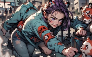 Comic, kawaii, master piece, werewikf in an abandoned zombie filled city, red_panda, paw_gloves, Fur_boots, animal_marking, face_paint, chocolate_hair, violet_eyes, furry_jacket,yofukashi background, zombies,hinata,1990s \(style\),kusanagi motoko,city,chundef, action_pose, battle_stance, back_pack,running,teenage , ripped_clothing, bloody_clothes, sweatpants,Circle,vectorstyle, happy_face, hungry,cammy sf6,c.c.,manga,manwha,chara-sheet