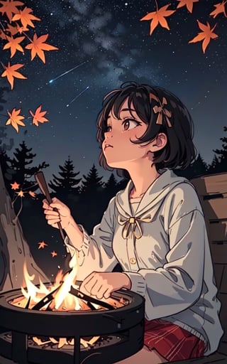 1930s (style), a loli girl roasting marshmallows over a campfire looking up at a stary night surrounded by maple trees, Sketch, autumn_leaves, star_(sky),Lofi,LOFI,cassdawnlvl1,day,EpicArt