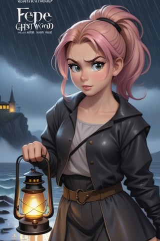 a book cover for a  1990s juvenile cartoon horror with letters that look like melted wax for "Grim Night, by J.R. Ghostwood" a young woman of 14 with short strawberry blonde hair tied up in messy ponytails and ember eyes armed with an Epee and miner's lanterns in cold barren island 1850s town at night during a terrible storm who is being hunted by Vampires, masterpiece, best quality,comic_book_cover, lycanthrope, amber_eyes, windy, raining, pink_hair,Extremely Realistic,3d style