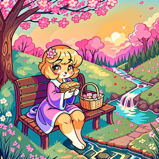 Solo_female,1930s (style), kawaii, outdoor, high_resolution, digital_art,|,a flowery field on a cool spring afternoon next to a brook| old blankets, bench, picnic, ruck_sack, basket, sack|,vectorstyle