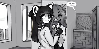 Comic_strip, anubian_jackal, red_panda, boyfriend, hand_holding, hugging, korean, loin_cloth, golden_jewelery, holding_knees, cityscape, foliage, love, curvy_figure, b&w, ruin, high_res, friendship, afraid, mountains, cute_fangs, injured, hospital, sick, bandages, scars, tears, doctor, kneel, shaded, line_art, b&w, shadows, school, school_girl, school_uniform, class_room