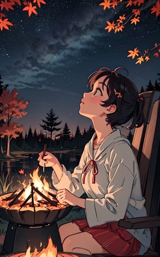 1930s (style), a loli girl roasting marshmallows over a campfire looking up at a stary night surrounded by maple trees, Sketch, autumn_leaves, star_(sky),Lofi,LOFI,cassdawnlvl1,day,EpicArt