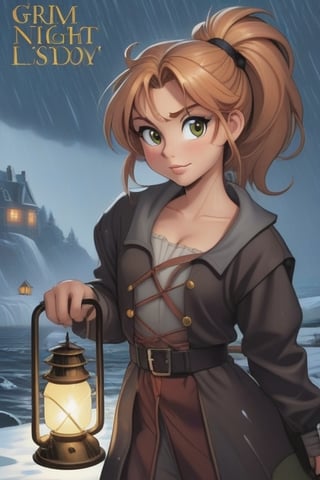 a book cover for a  1990s juvenile cartoon horror with letters that look like melted wax for "Grim Night, by J.R. Ghostwood" a young woman of 14 with short strawberry blonde hair tied up in messy ponytails and ember eyes armed with an Epee and miner's lanterns in cold barren island 1850s town at night during a terrible storm who is being hunted by Vampires, masterpiece, best quality,comic_book_cover, lycanthrope, amber_eyes, windy, raining, strawberry_hair