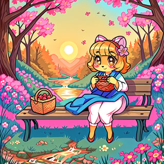 Solo_female,1930s (style), kawaii, outdoor, high_resolution, digital_art,|,a flowery field on a cool spring afternoon next to a brook| old blankets, bench, picnic, ruck_sack, basket, sack|,vectorstyle