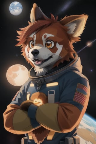 Galali, a male kawaii furry suit of a red panda golden retriever hybrid with glowing celestial constellation markings fully body portray wearing a bohemian space suit, with Sami symbolism embroidered on his shirt, surrounded by the dieselpunk space station orbiting Uranus, complex lighting and shadows, Cute and fluffy, Brass jewelry, shiny, sunlight fractal details, depth of field, detailed gorgeous face, Sci-Fi environment, natural body posture, professional photographer, captured with professional DSLR camera, 64k, ultra-detailed, ultra-accurate detailed, bokeh lighting, surrealism, ultra unreal engine, intricate, epic,	 SILHOUETTE LIGHT PARTICLES,AliceWonderlandWaifu,yofukashi background,belvor