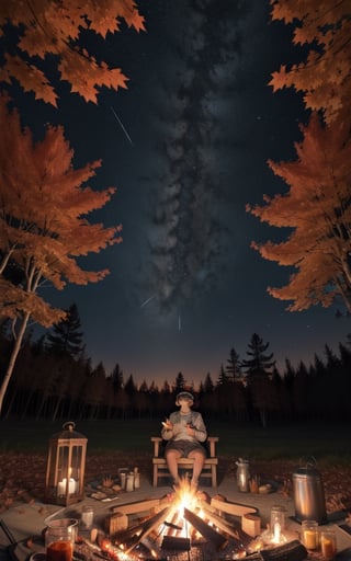 1930s (style), a loli girl roasting marshmallows over a campfire looking up at a stary night surrounded by maple trees, Sketch, autumn_leaves, star_(sky),Lofi,LOFI,cassdawnlvl1,day,EpicArt