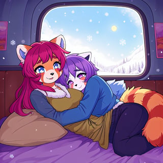 1930s (style), kawaii, inside a peaceful and relaxing  old abandoned train car with the soft winter sun shinning softy through the front windows, red_panda, long_lavender_hair, sapphire_eyes, anthromorph, high_resolution, digital_art, cute_fang, bed_head, curvy_figure, body scars, female, indoors, blue_fur, boho_dress, streaked_hair, sleepy, hugging_knees, happy_face, cute_fang, cute, sleeping, ripped_clothing, poor, winter_clothes