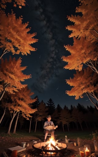 1930s (style), a loli girl roasting marshmallows over a campfire looking up at a stary night surrounded by maple trees, Sketch, autumn_leaves, star_(sky),Lofi,LOFI,cassdawnlvl1,day,EpicArt