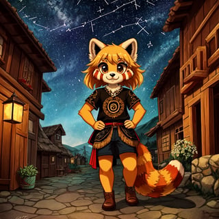 1930s (style), kawaii, a full-body portrait of an anthropomorphic male golden retriever with red panda fur markings fursuit, with glowing celestial constellation face tattoos wearing a bohemian-style outfit, with a mix of Yakut and Sami symbolism embroidered on his shirt, surrounded by the rustic beauty of a Welsh village, complex lighting and shadows
