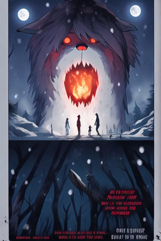 Create a captivating and whimsical 1950s movie poster for a 1920s juvenile horror/humor novel titled "The Howl of the Wendigo," part of the series "The Wolves of Blood Creek" by J.R. Ghostwood.

Key Elements:

Setting: A snowy landscape with a hint of eerie moonlight, conveying the chilling winter atmosphere.

Characters: Include the main characters, Sagie, Lavie, and Birdie, standing united against the backdrop of the menacing Wendigo's eyes in the storm.

Wolves: Showcase the Blood Creek wolves, emphasizing their pack dynamic and unique personalities.

Humor and Horror: Infuse a balance of humor and horror elements to reflect the book's dual genre, perhaps through the expressions and interactions of the characters.

Title and Series: Clearly highlight "The Howl of the Wendigo" as the title, and "The Wolves of Blood Creek" as the series, with the author's name, J.R. Ghostwood.

Feel free to play with color schemes, lighting effects, and visual elements that resonate with a juvenile horror/humor theme,manga