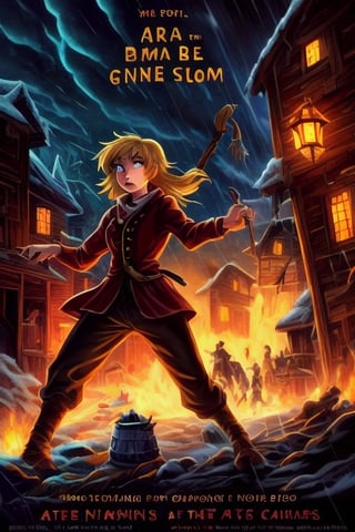 1930's movie poster for a  juvenile cartoon horror with letters that look like melted wax for "Grim Night, by J.R. Ghostwood" a young woman of 14 with short strawberry blonde hair tied up in messy ponytails and ember eyes armed with an Epee and miner's lanterns in cold barren island 1850s town at night during a terrible storm who is being hunted by Vampires,fantasy00d