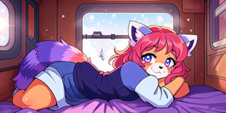 1930s (style), kawaii, inside a peaceful and relaxing  old abandoned train car with the soft winter sun shinning softy through the front windows, red_panda, long_lavender_hair, sapphire_eyes, anthromorph, high_resolution, digital_art, cute_fang, bed_head, curvy_figure, body scars, female, indoors, blue_fur, boho_dress, streaked_hair, sleepy, hugging_knees, happy_face, cute_fang, cute, sleeping, hobo