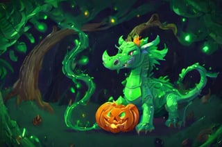 1930s-style cartoon, the emerald dragon witch made of vines hiding in a spooky pumpkin patch on Halloween night,3d style, Gill_man,flatee