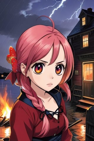  a young woman of 14 with short strawberry blonde hair tied up in messy ponytails and ember eyes armed with an Epees in cold barren island 1850s town at night during a terrible storm who is being hunted by Vampires, masterpiece, best quality,comic_book_cover, lycanthrope, amber_eyes, windy, raining, pink_hair,Extremely Realistic,3d style,sugar_rune