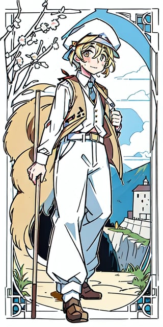 1930s (style), a young shy crippled young man wearing newsboy cap, limping using a long heavily walking stick, a men's lounge jacket embroidered with Sami symbolism, bohemian vest, and Ascot, worn-out pants hiding his left leg brace, walking a cuddly white golden retriever pup, surrounded by a haunted 1920s Oregon mountain town, nestled in the cliffs,