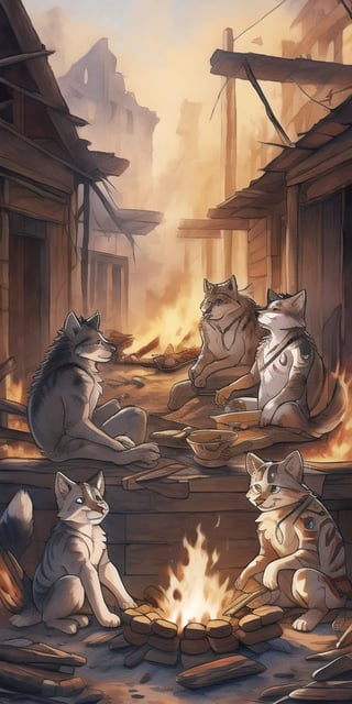 A pack of wolves sitting around a fire in an abandoned town, with native American markings,cat, indian art, non-furry