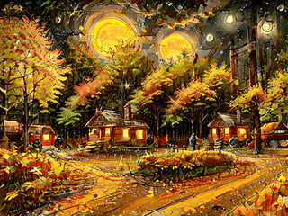 1930s (style),a cabins;s surrounded by fall maple trees on a star-filled  night Sketch, autumn_leaves, star_(sky),Lofi,LOFI,cassdawnlvl1,day,EpicArt